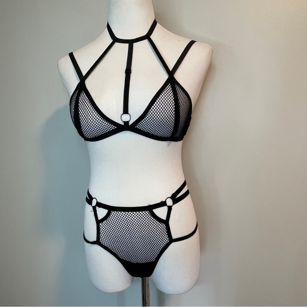 Chic Black Mesh Harness Bra Set